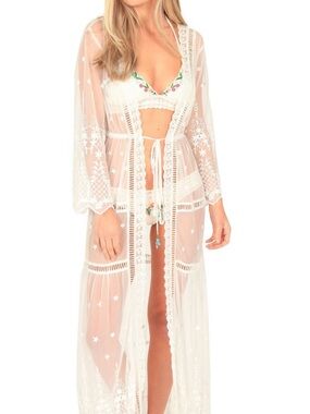 Rinikini Sheer Lace and Embroidered Cover-Up Kimono